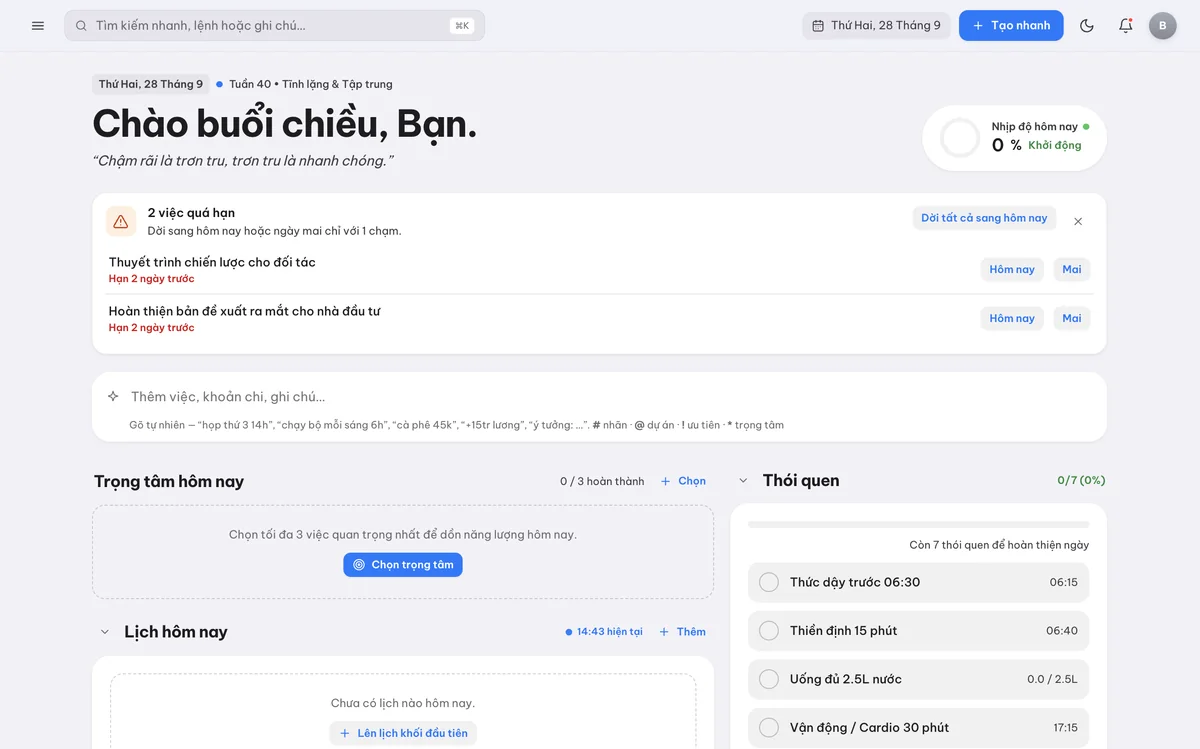 Màn hình Hôm nay của Biztion: lời chào, việc quá hạn, ô nhập nhanh, trọng tâm và thói quen trong ngày