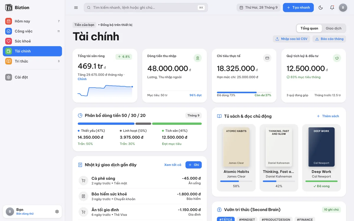Màn hình Tài chính của Biztion: tổng tài sản ròng, dòng tiền, chi tiêu, quỹ tích luỹ và nhật ký giao dịch